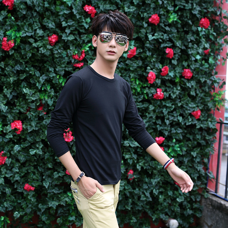 2015秋季新款青少年圆领长袖T恤男士修身韩版青春流行纯色上衣潮