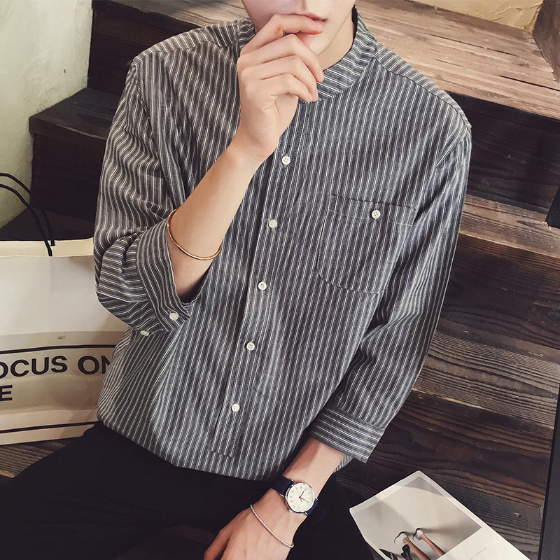 2016新品日系小清新竖条纹衬衫韩版男士休闲七分袖衬衣包邮
