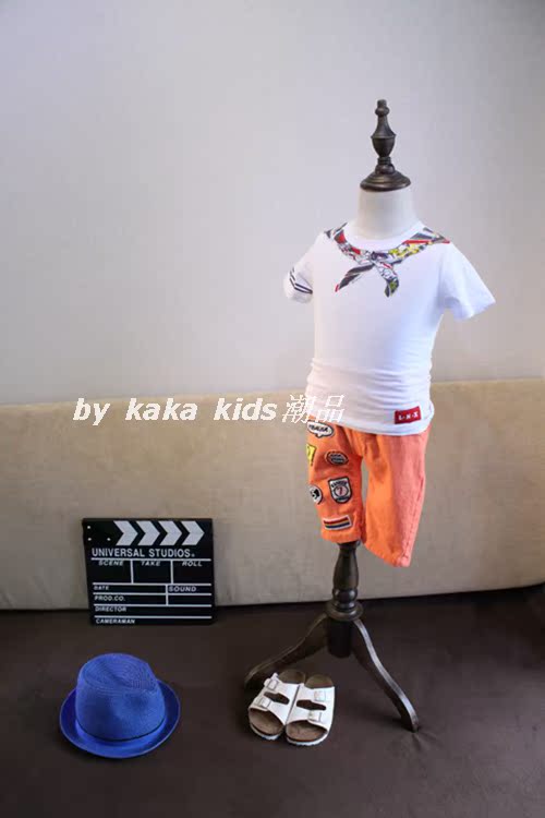 2015夏男童儿童韩版可爱海军风水手印花小领巾弹力棉短袖T恤上衣