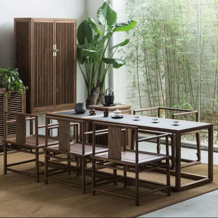 黑胡桃茶桌新中式禅意餐桌椅组合简约现代茶台原木茶艺桌老榆木椅