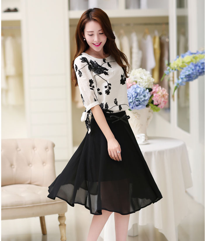春季新款2015女装套裙两件套韩版刺绣复古显瘦雪纺熟女气质连衣裙