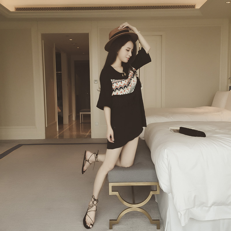 韩国2015新T恤女夏圆领宽松显瘦几何印花流苏系带短袖中长款TX304