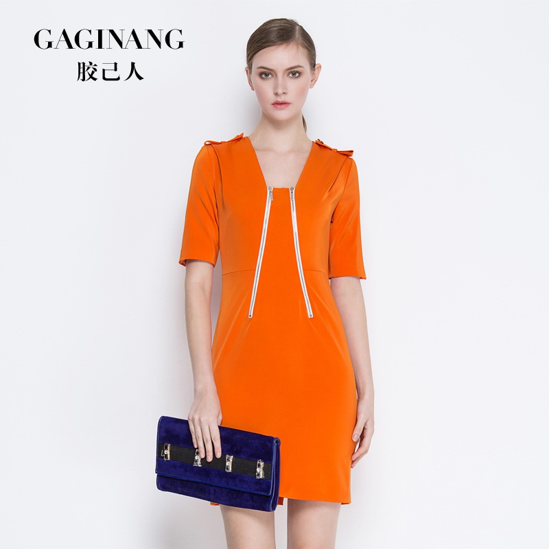 胶己人2015夏季连衣裙新款欧美时尚修身拉链五分袖连衣裙女装橙色
