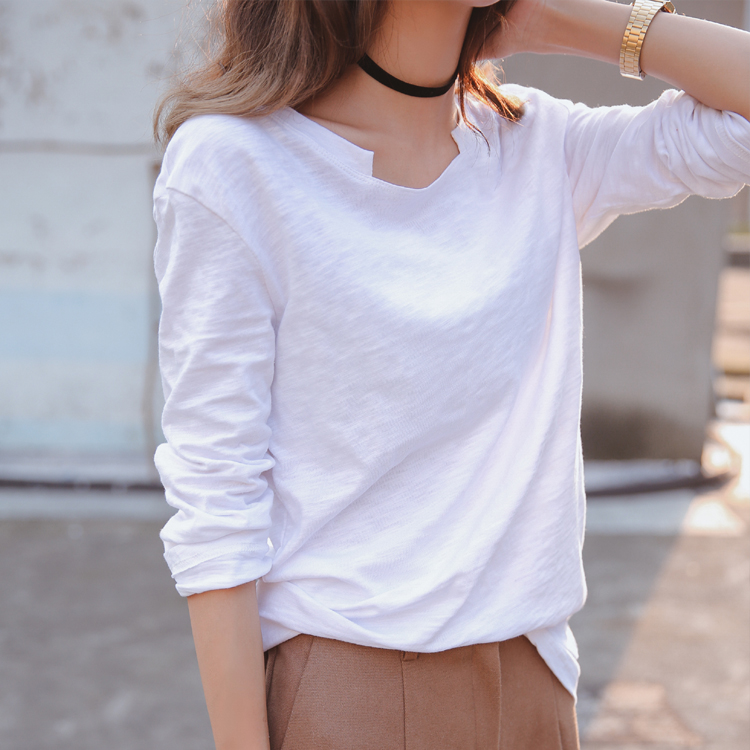 2015初秋新款韩版宽松白色大码T恤 简约百搭女长袖纯色百搭T恤衫