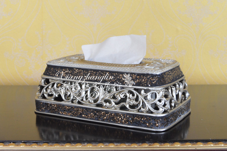 创意欧式简约现代复古镂空树脂纸巾盒装饰品长方形田园抽纸盒摆件