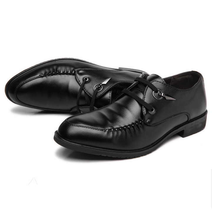 新款男式休闲皮鞋 尖头系带舒适英伦时尚商务皮鞋 黑色职业工作鞋
