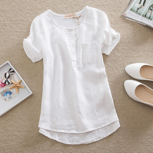 2015新款春夏女士棉麻短袖上衣纯色健康布料高透气性吸汗女衬衫