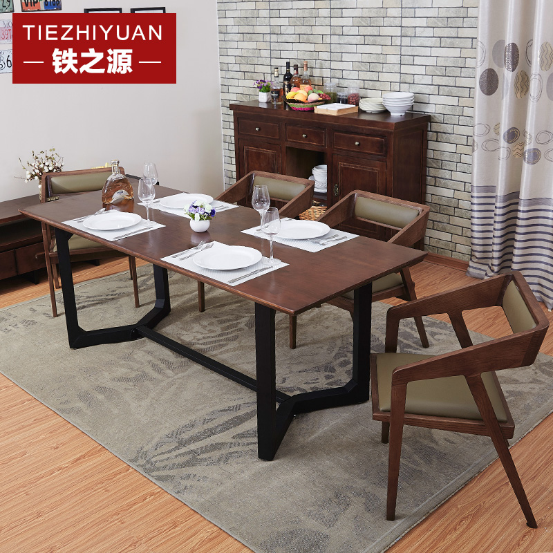 铁之源美式铁艺全实木餐桌小户型吃饭桌子简约复古长方形歺桌家用