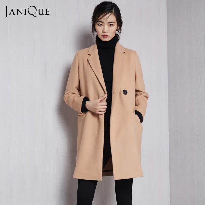JANiQUE设计师原创女装经典包容型简约中长款驼色直筒羊毛呢大衣