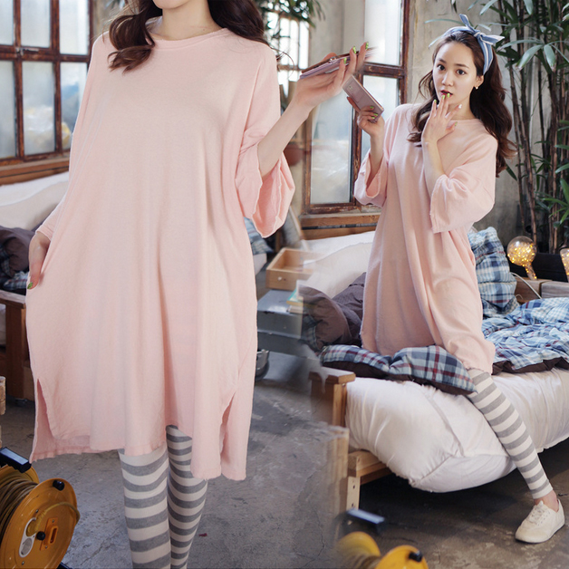 韩版PINK女式睡衣 夏秋季款女人睡衣纯棉薄款长袖家居服宽松套装
