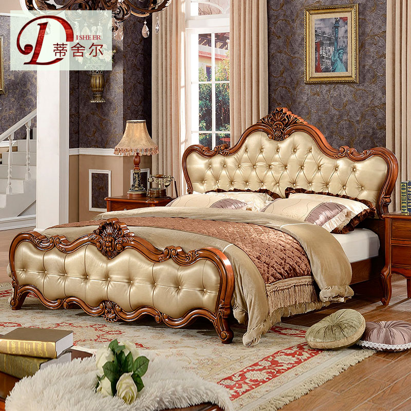 蒂舍尔欧式床实木床 1.8米复古美式卧室家具床 真皮双人婚床668#