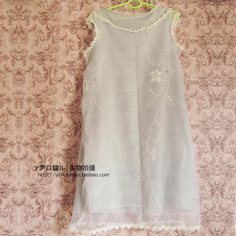 尹口猫独家设计 欧根纱刺绣花朵水钻 蕾丝珍珠花边 连衣裙 孤品