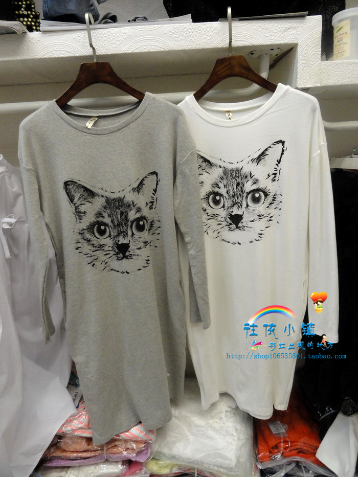 H&Y 818 新款圆领长袖猫咪猫头纯棉时尚口袋中长款T恤