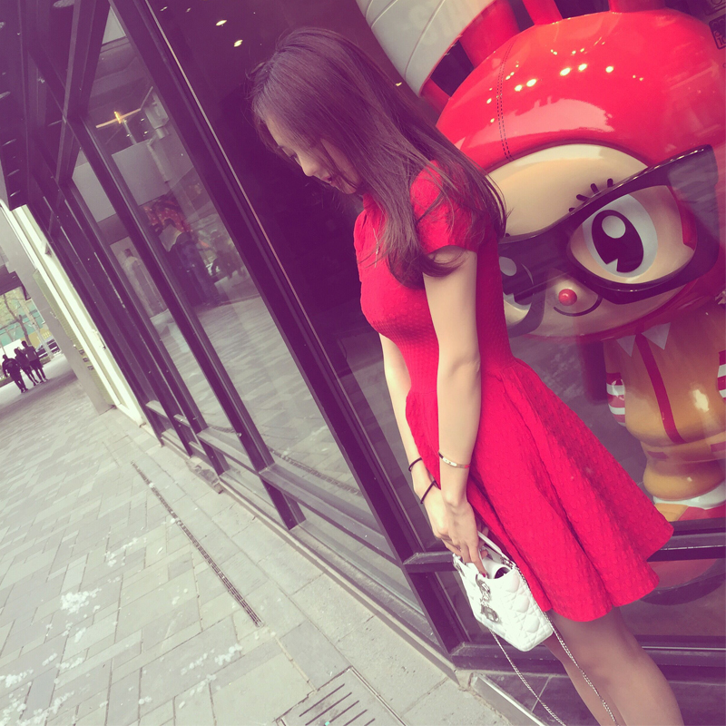 韩国代购2015夏装女装修身a字裙中裙子公主蓬蓬裙针织红色连
