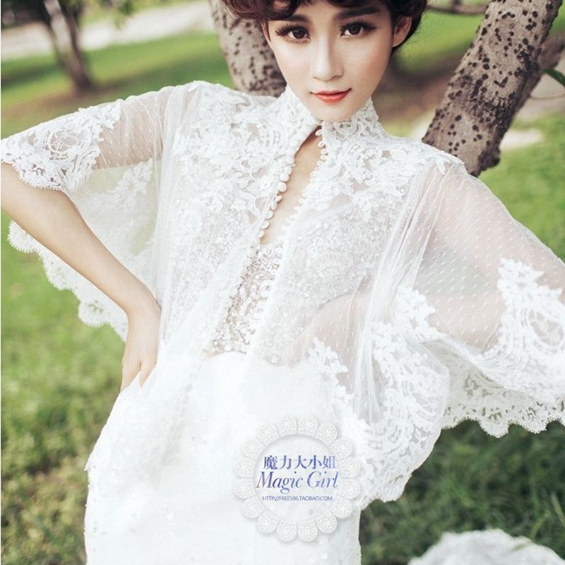 2016新款白色韩版婚纱披肩  蕾丝新娘斗篷网纱披纱结婚薄pijian