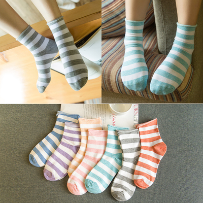日韩系新品袜子女 学院风潮流全棉松口卷边条纹简约堆堆女袜