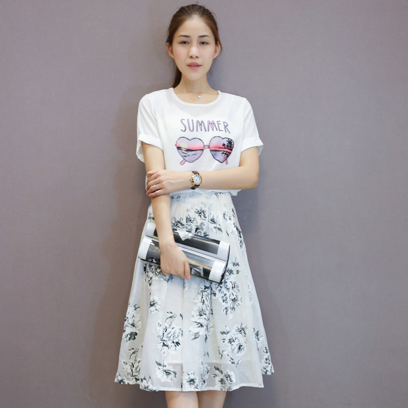 厂家直销 2015夏季新款 韩版印花中长裙子 两件套装雪纺连衣裙夏