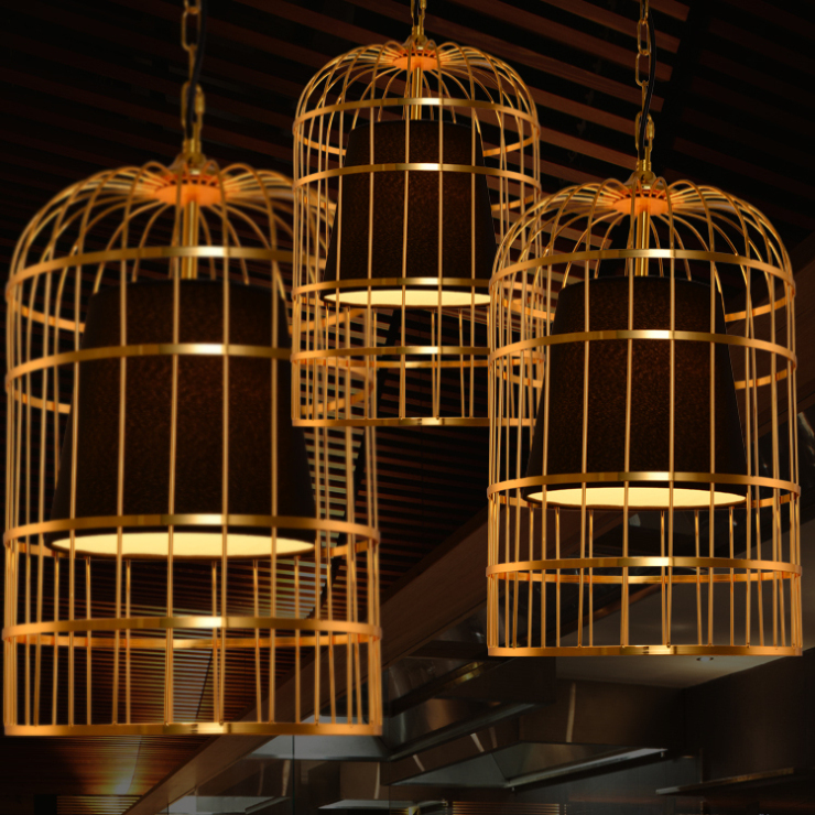 美中式铁艺简约现代创意餐厅酒吧台工程复古个性艺术电镀鸟笼吊灯