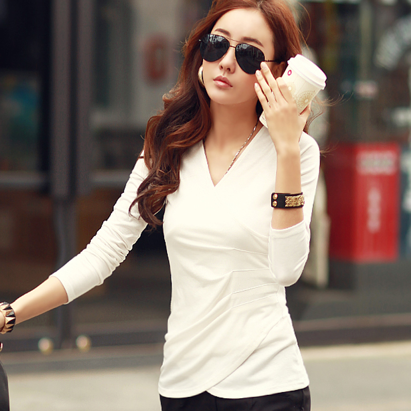2016春秋季新款韩版时尚白色长袖t恤修身显瘦潮流大码V领女上衣