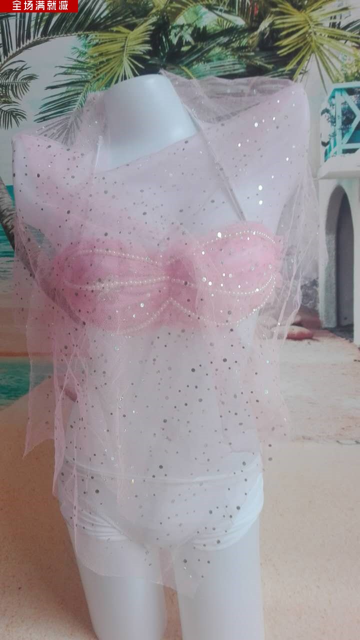 泳衣女三件套 2017手工制作粉红珍珠亮片显瘦聚拢泳装 分体比基尼