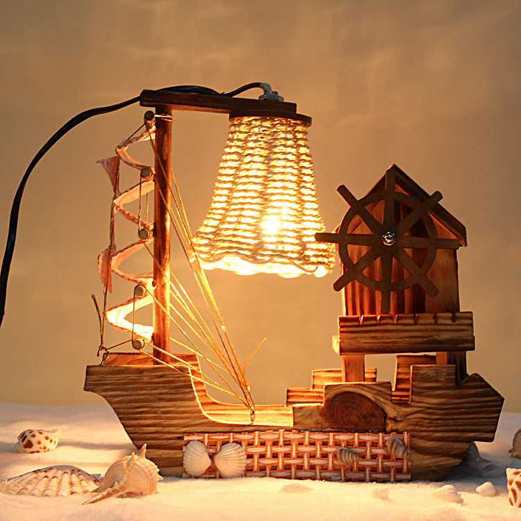 复古木制台灯创意帆船带钟表八音乐盒田园木质卧室床头装饰灯礼物