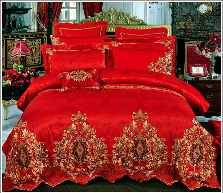 高档欧式四件套全棉大红婚庆刺绣六八十件套奢华高贵欧式床上用品