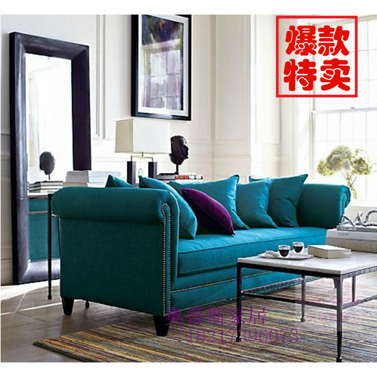 美式乡村蓝色棉麻布艺沙发欧式小户型单人双人三人位简易沙发sf55