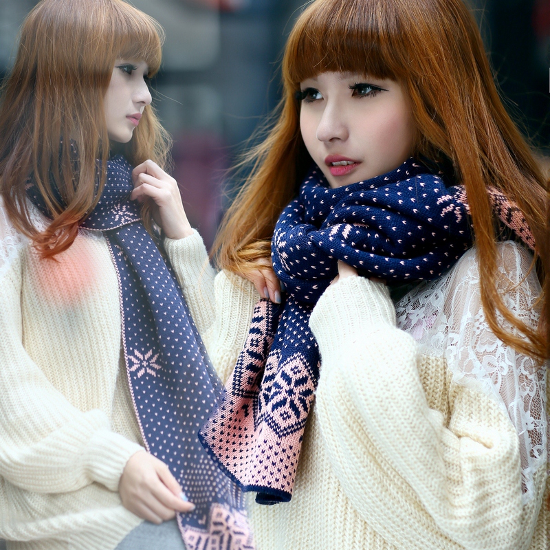 2015韩春秋冬季女士超长款毛线雪花围巾百搭韩版冬天学生加厚保暖