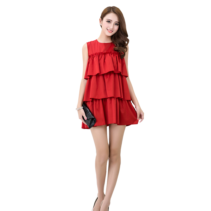 女装夏装雪纺连衣裙深红色叠加蝴蝶木耳连衣新款裙