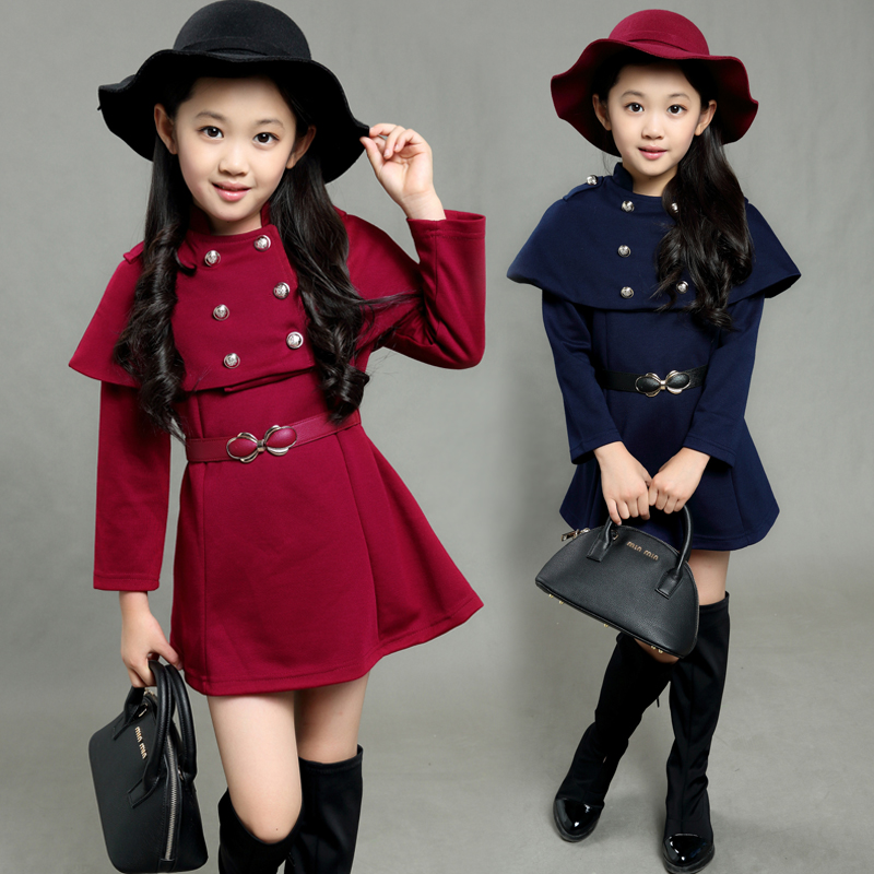 2015童装秋季新款女童时尚休闲套装韩版毛呢披肩长袖连衣裙两件套