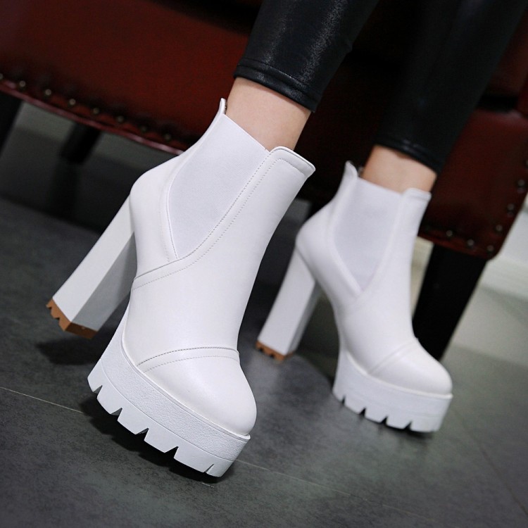 加绒白色短靴子冬季新品弹力布拼接粗跟高跟马丁靴40-43大码女靴
