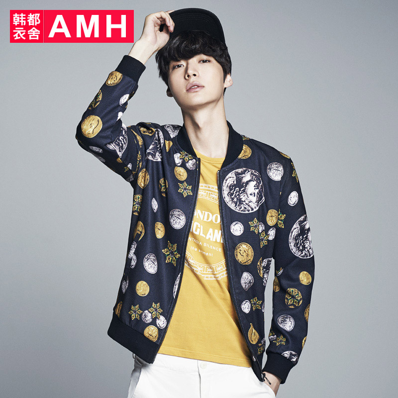 AMH韩版2015秋装新款修身立领长袖外套青少年印花夹克潮男棒球服