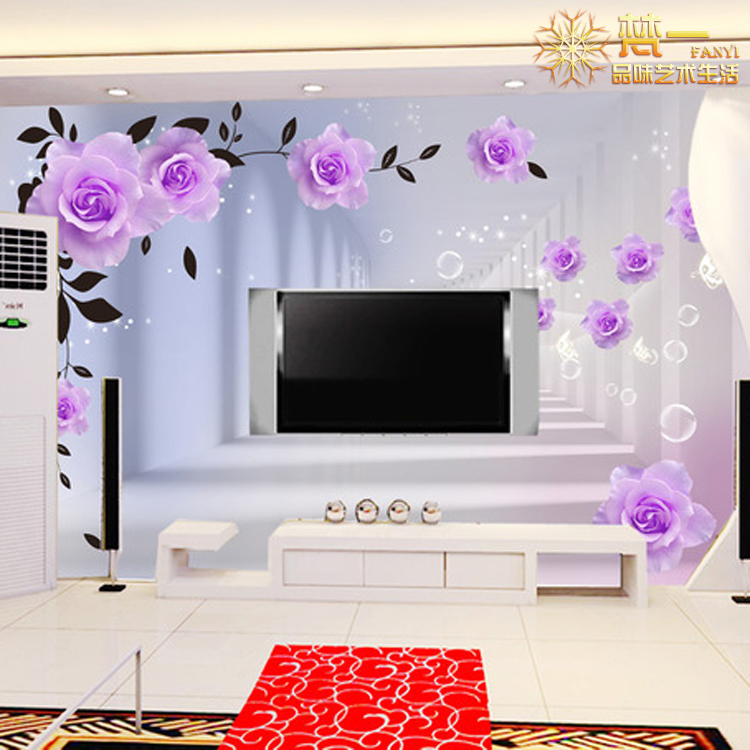 3D紫色玫瑰立体无缝壁布客厅电视背景墙壁纸卧室沙发背景大型壁画