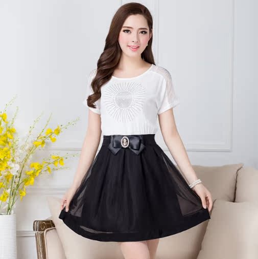 2015夏季新款女装韩版时尚短袖圆领女裙假两件套时尚连衣裙