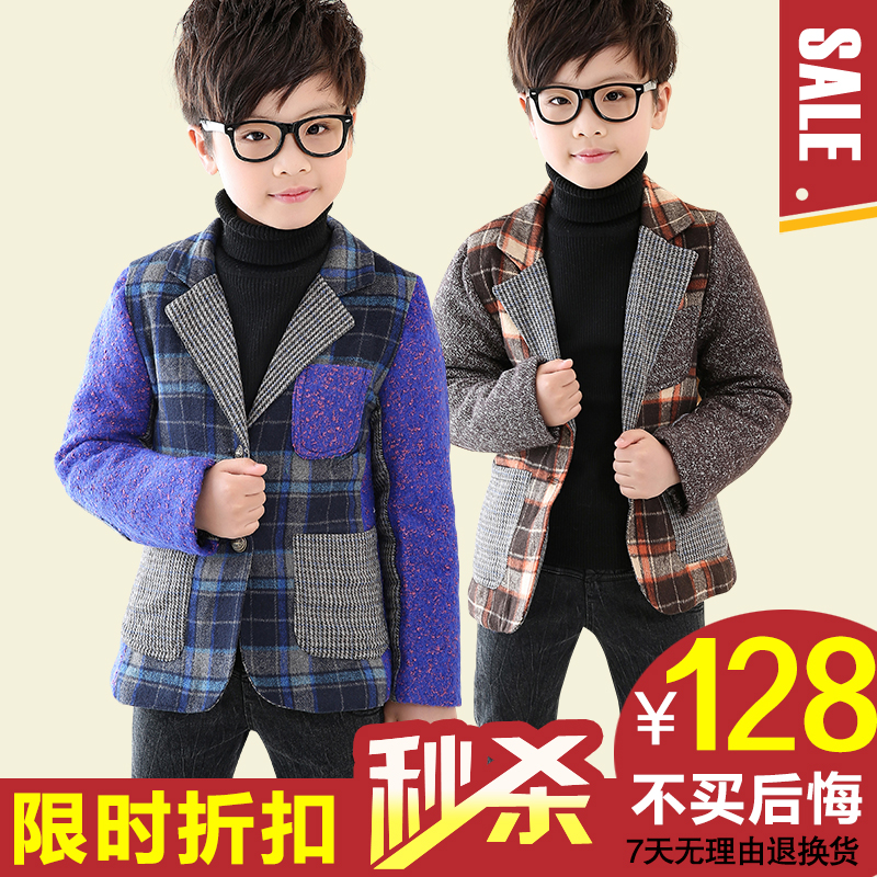 2015秋装新款童装韩版儿童小西装男童中大童格子薄款拼接毛呢外套