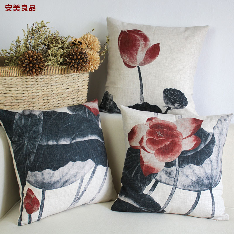创意中国风荷花棉麻抱枕现代复古新中式红木沙发靠垫套床软包腰枕