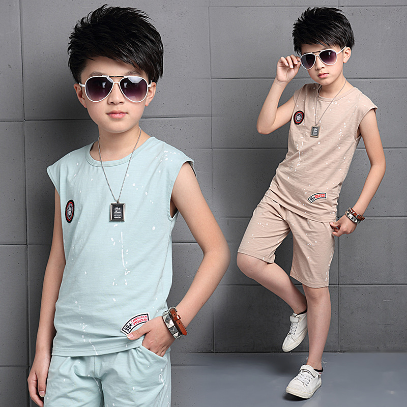 2016夏季新款韩版男童童套装儿童中大童时尚泼墨无袖两件套