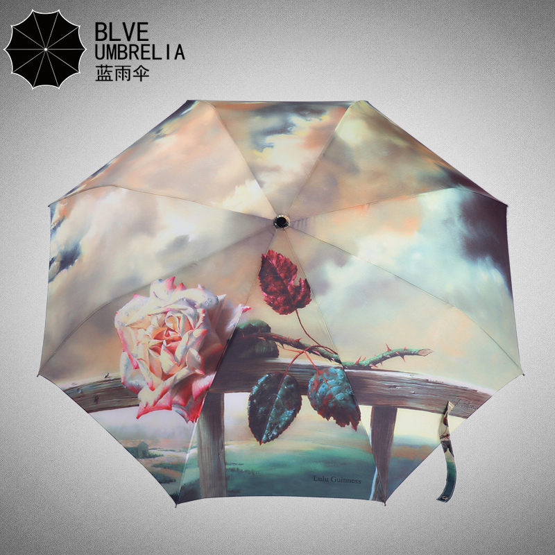 蓝雨伞 油画伞女士折叠创意韩国公主伞折叠晴雨伞超轻全自动伞