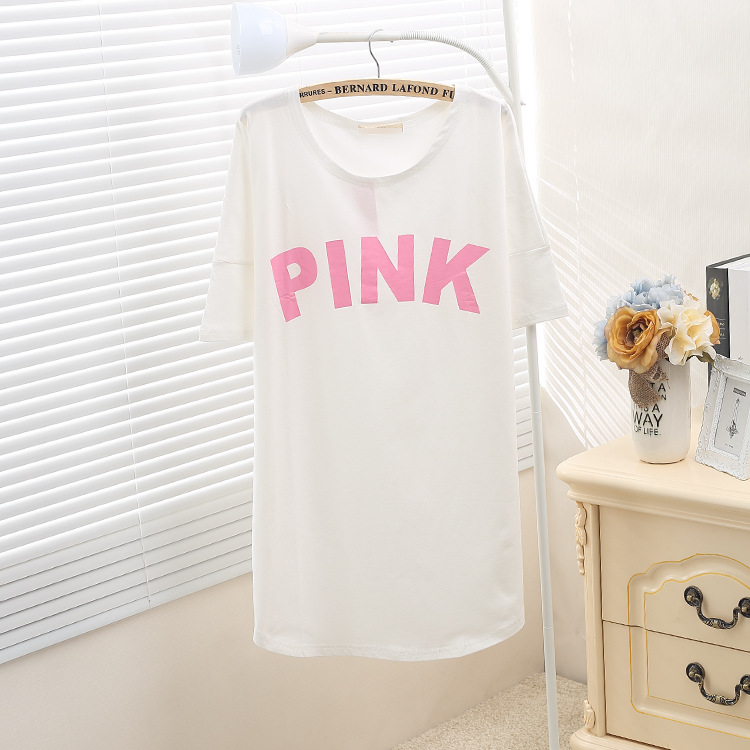 JUNEY韩国pink夏季纯棉短袖宽松长款T恤睡裙可爱性感睡衣家居服女