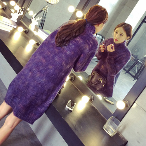 2015韩版新款秋冬季高领羊毛拉绒混色渐变加厚中长款毛衣连衣裙女