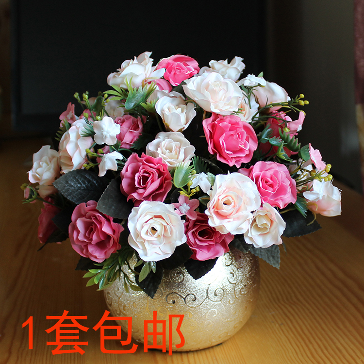 玫瑰仿真花套装欧式假花玫瑰花家居客厅餐桌摆件装饰花瓶花艺绢花