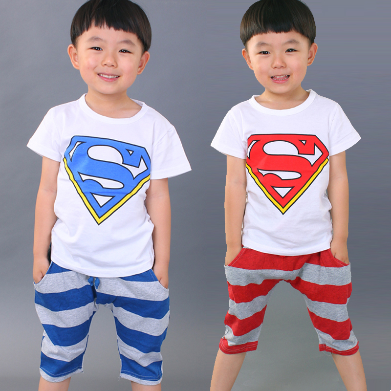 2015新款韩版儿童纯棉休闲衣服超人童装大童夏季背心短裤运动套装