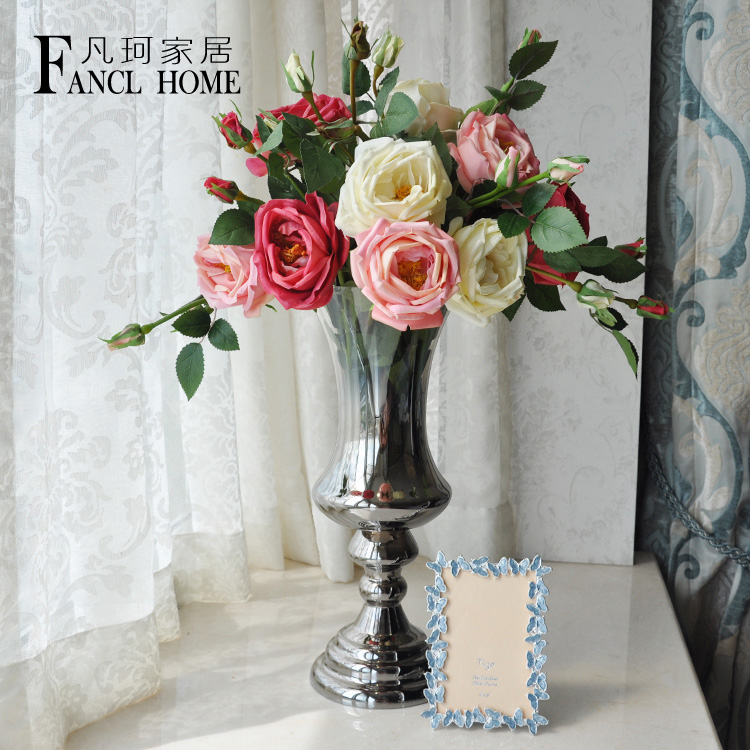 欧式高脚玻璃花瓶 客厅餐桌美式镀银花瓶 透明创意装饰大花瓶摆件