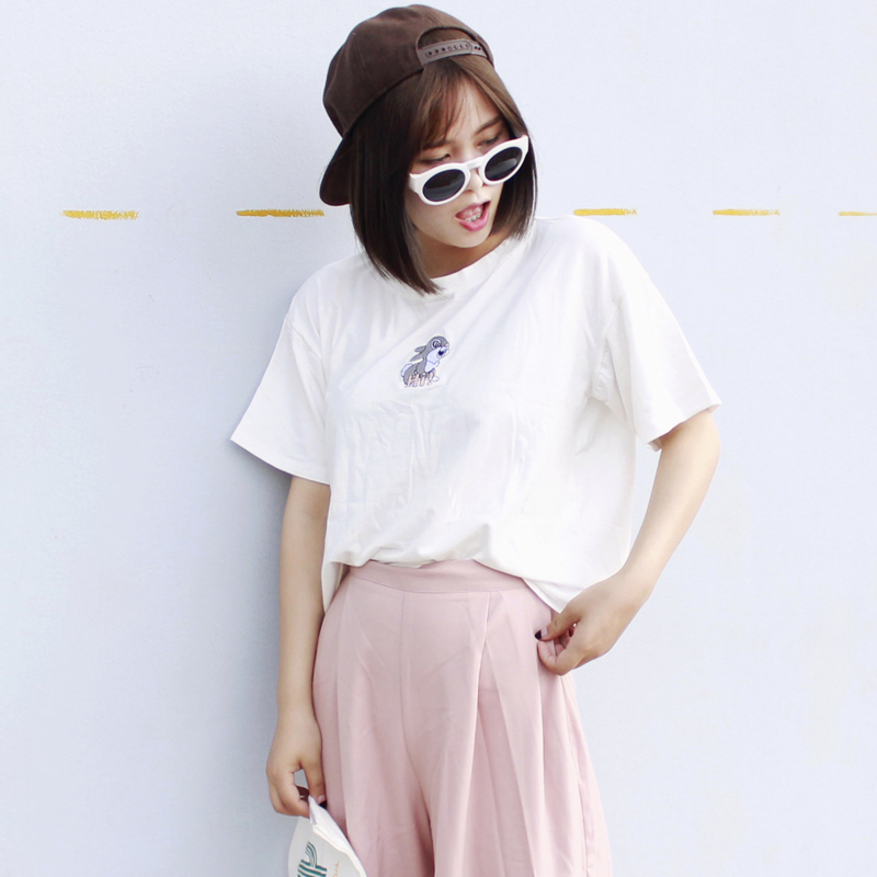 GL 韩国定制2015夏季新款女 甜美学院风刺绣小兔子宽松短袖T恤女