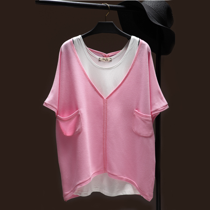 2015夏新款韩版宽松大码蝙蝠袖t恤两件套女V纯棉体恤短袖长款学生