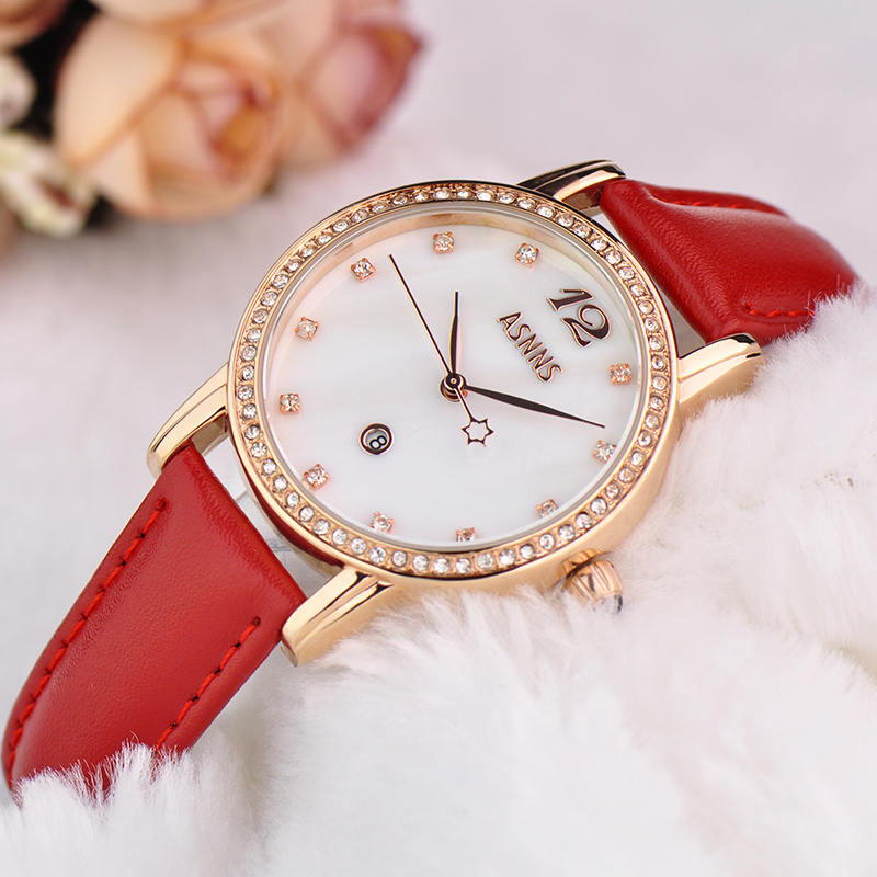 ASNNS正品牌女表 绿色时尚水钻女士手表 2015新款石英真皮带手表