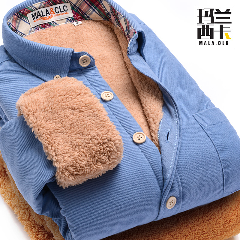 玛兰西卡 冬款保暖衬衫加绒加厚男长袖灯芯绒衬衣韩版修身潮