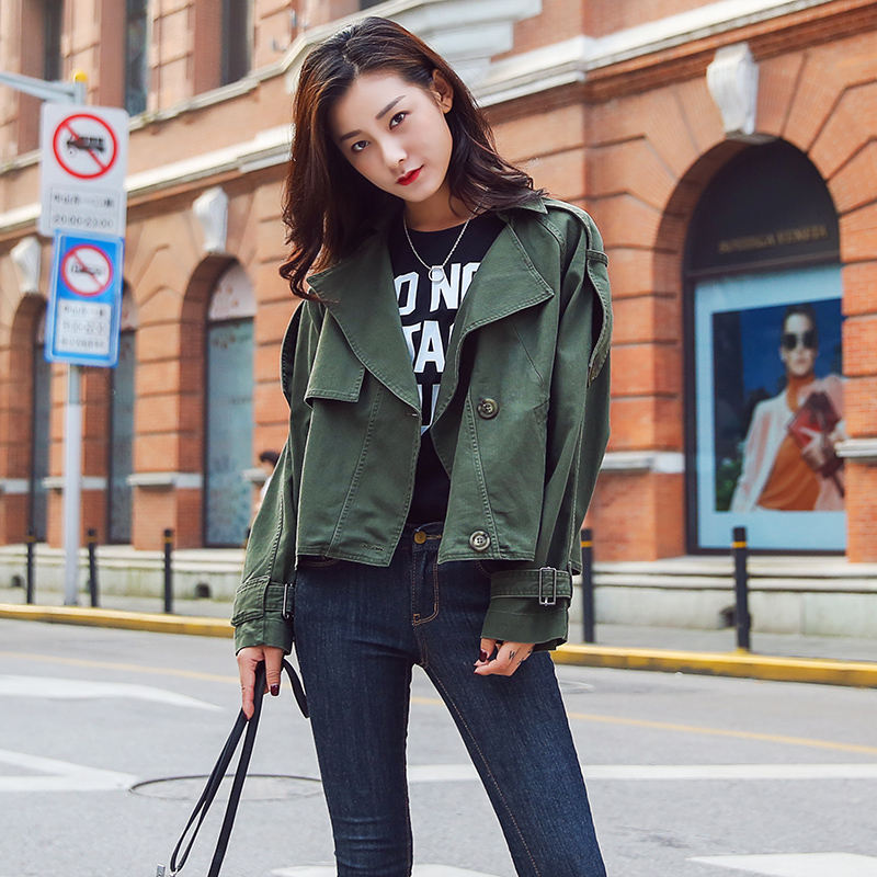 2016新款韩版时尚风衣短款显高显瘦军绿短外套女秋季长袖