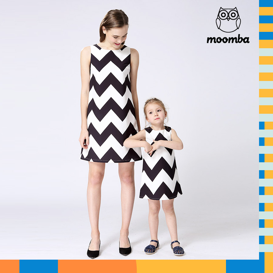 Moomba 2016夏装新款童装亲子装母女装无袖黑白连衣裙复古裙子