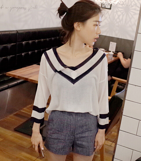 2015夏装新款韩国代购官网正品宽松深V领针织t恤打底衫女上衣半袖